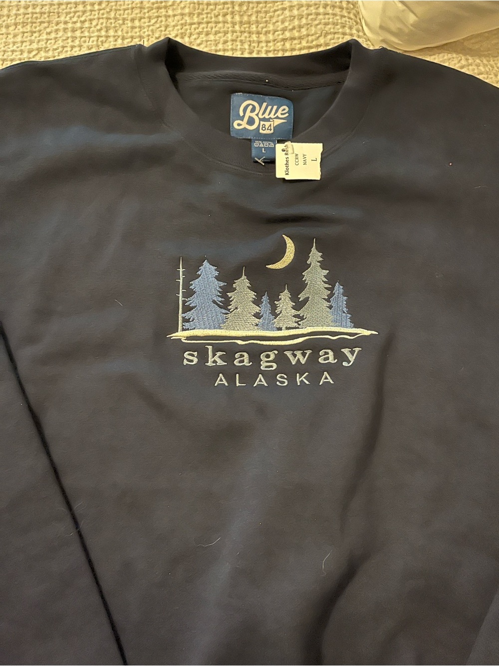 Blue 84 Navy Skagway Alaska Embroidered Tree & Moon Crewneck